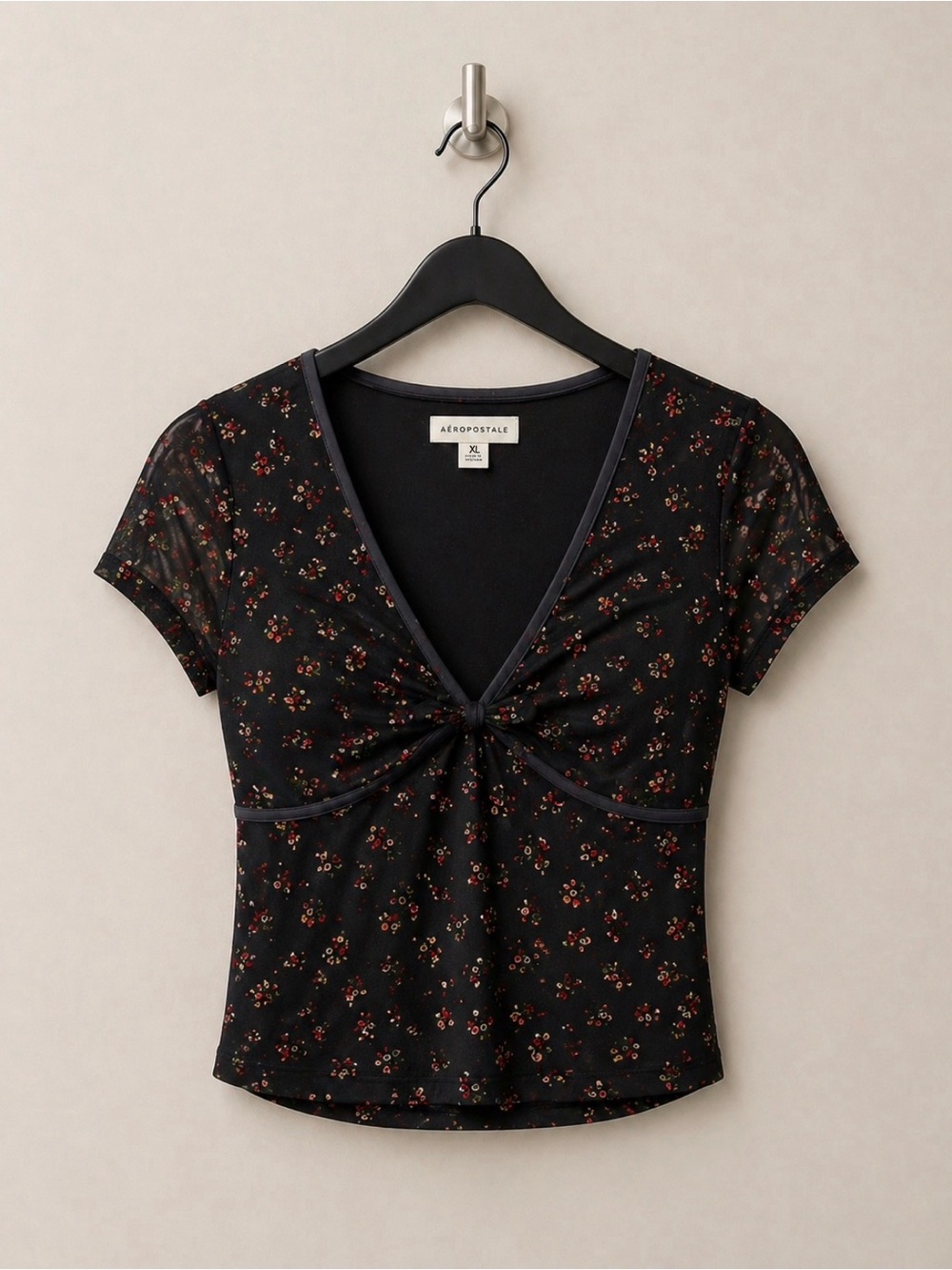 Aeropostale Mesh V Neck Crop Top Women’s XL Black Floral Y2K NWT